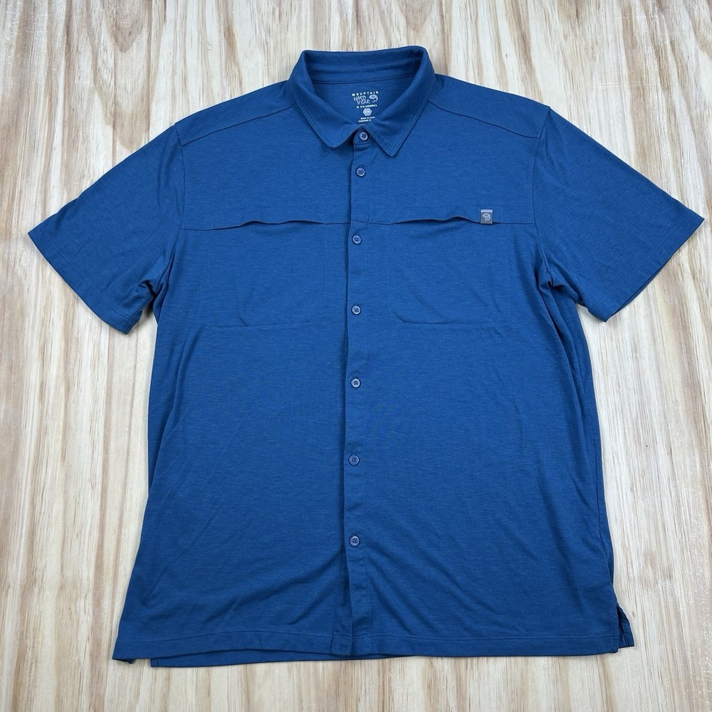 Mountain Hardwear Polo Shirt Mens L Blue Button Front‎ Wool Blend Trail Hiking